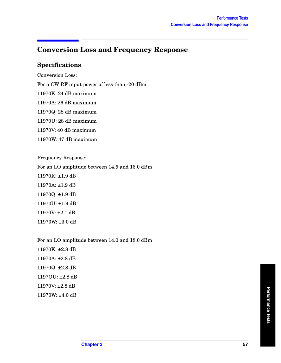 Agilent Technologies 11970-90031 manual Conversion Loss and Frequency Response, Specifications 