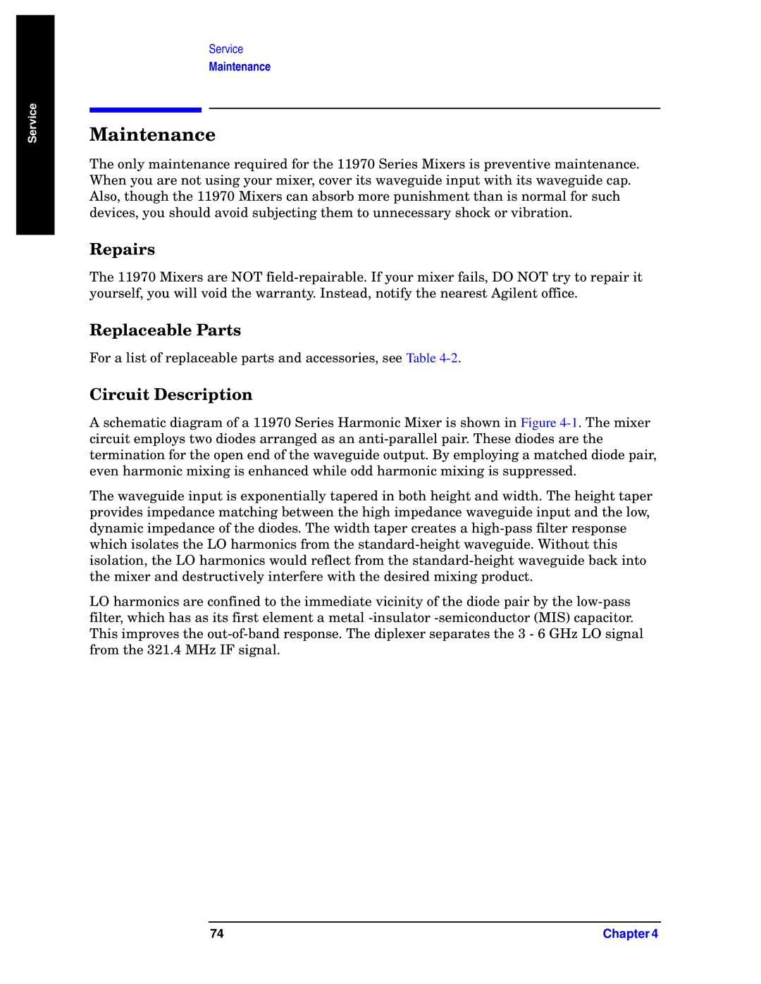 Agilent Technologies 11970-90031 manual Maintenance, Repairs, Replaceable Parts, Circuit Description 