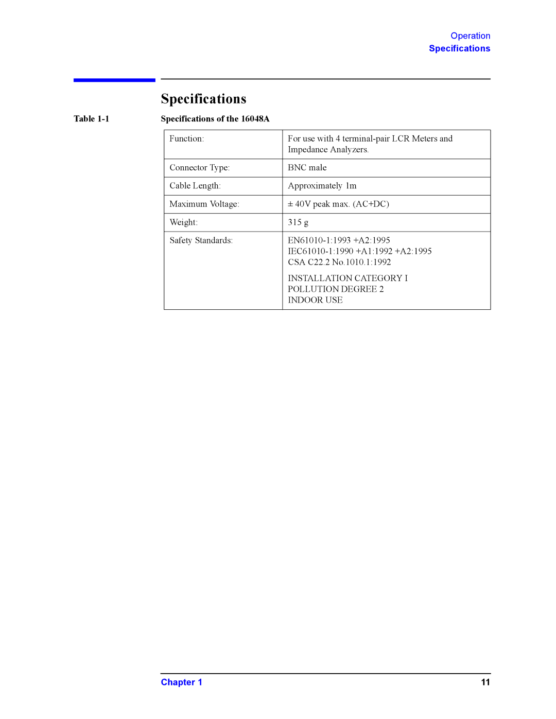 Agilent Technologies service manual Specifications of the 16048A 