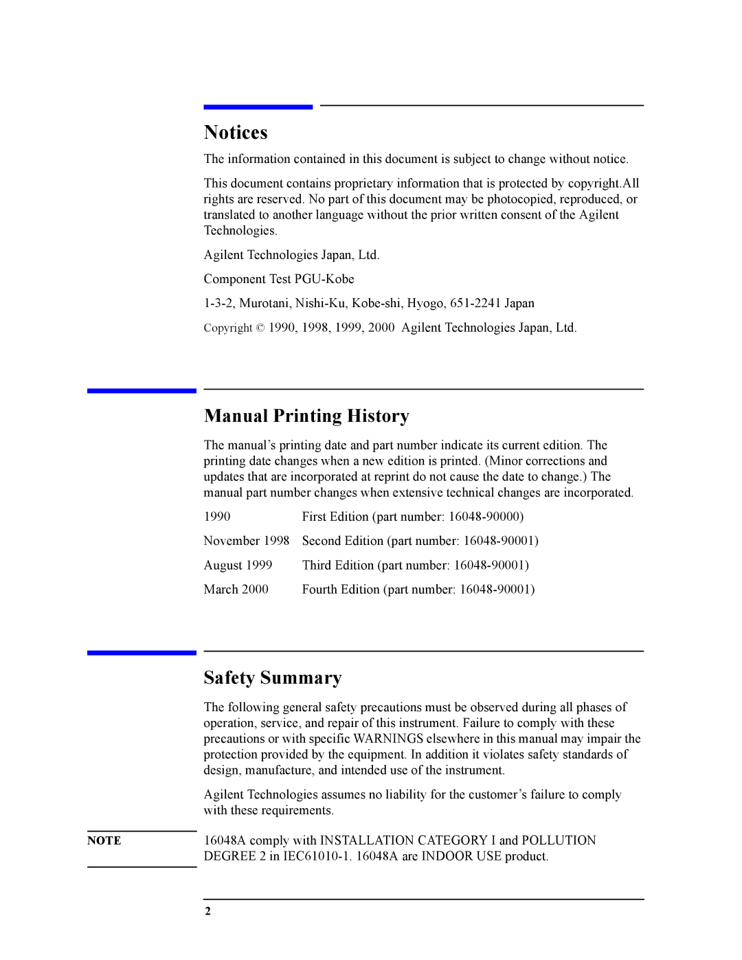 Agilent Technologies 16048A service manual Manual Printing History, Safety Summary 