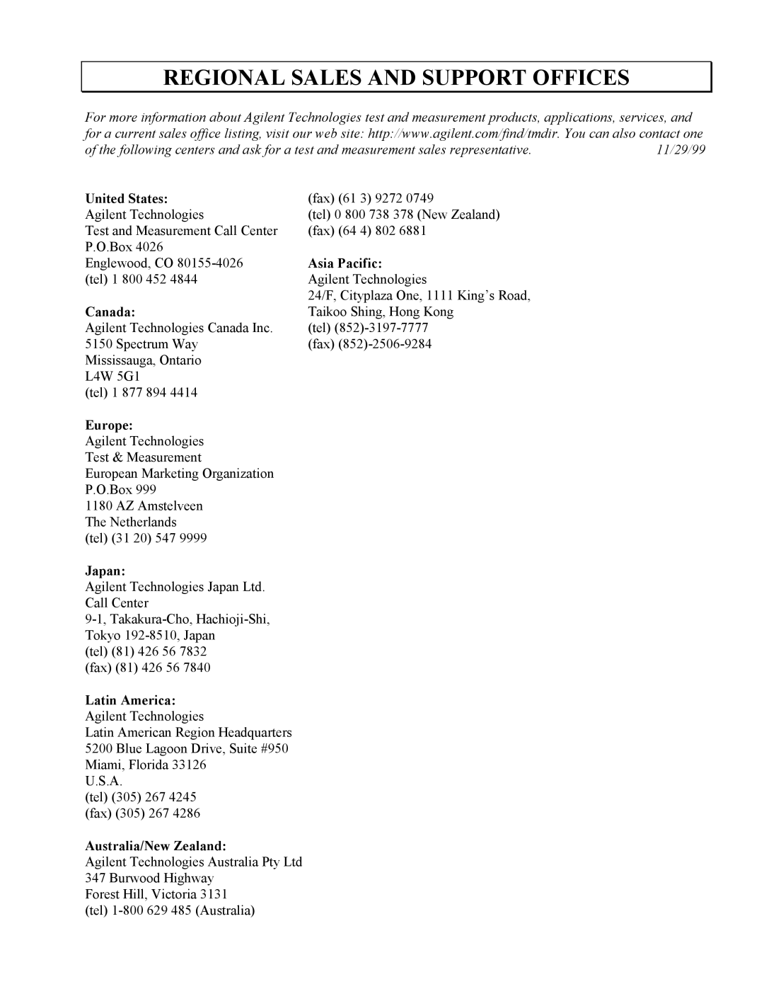 Agilent Technologies 16048A service manual Regional Sales and Support Offices 