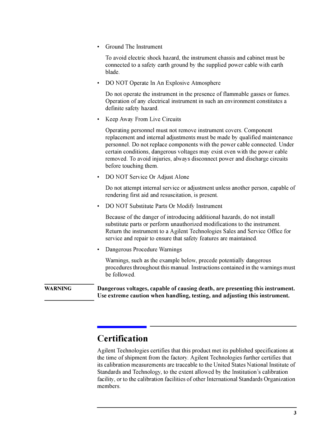 Agilent Technologies 16048A service manual Certification 