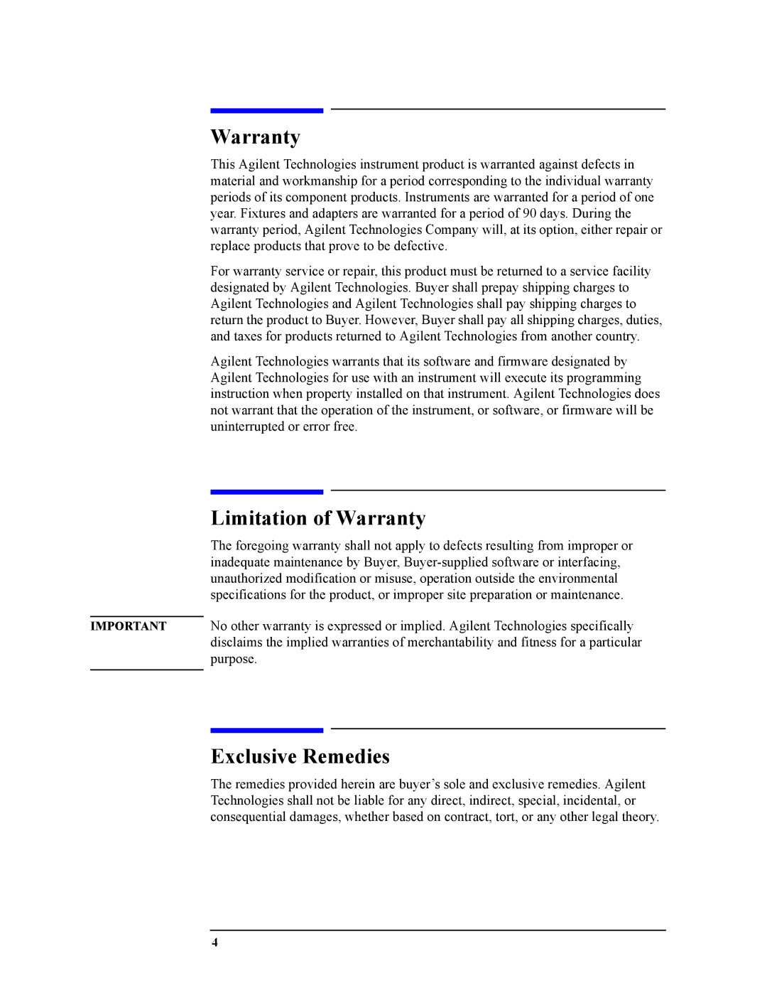 Agilent Technologies 16048A service manual Warranty 