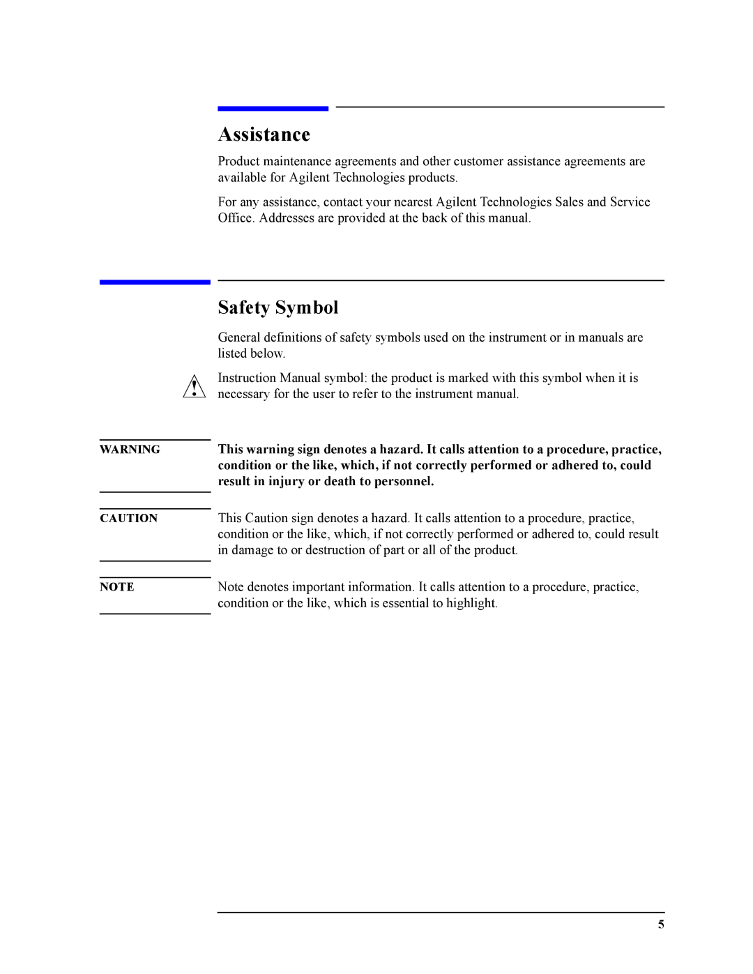 Agilent Technologies 16048A service manual Assistance, Safety Symbol 