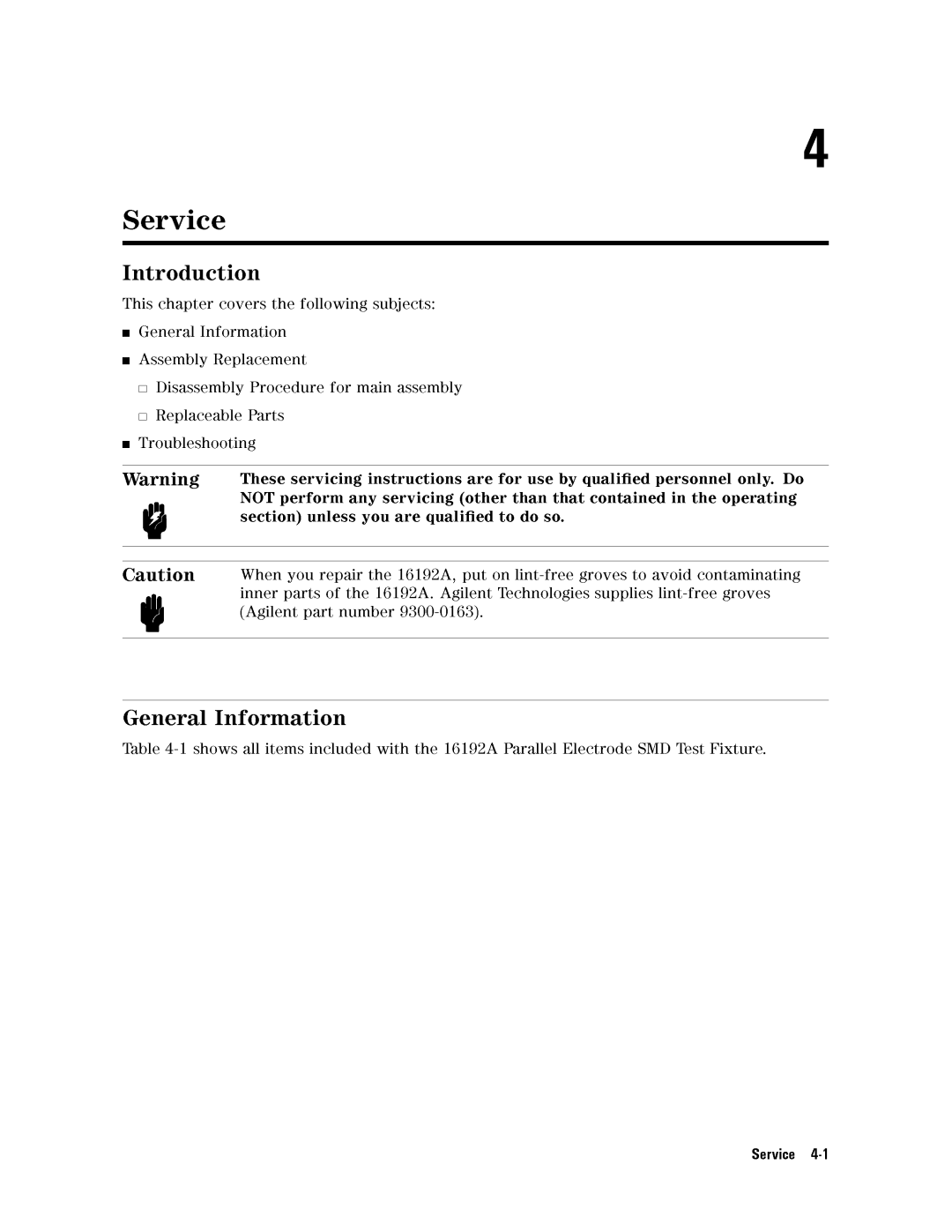 Agilent Technologies 16192a service manual Service4-1 