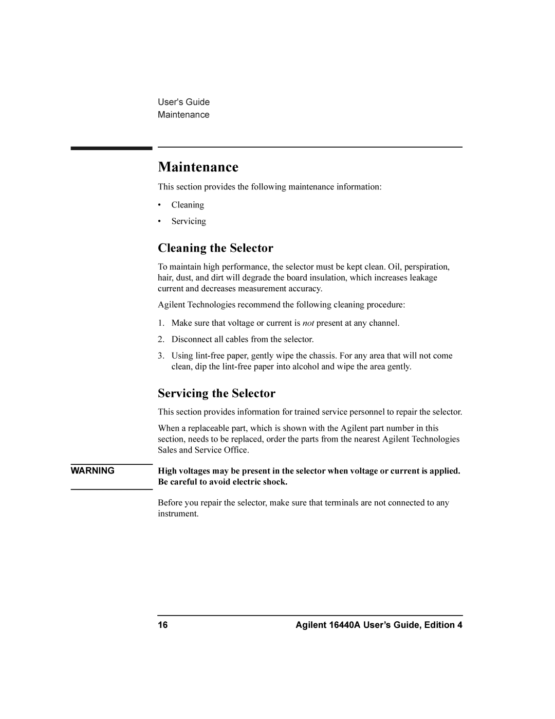 Agilent Technologies 16440A SMU manual Maintenance, Cleaning the Selector, Servicing the Selector 