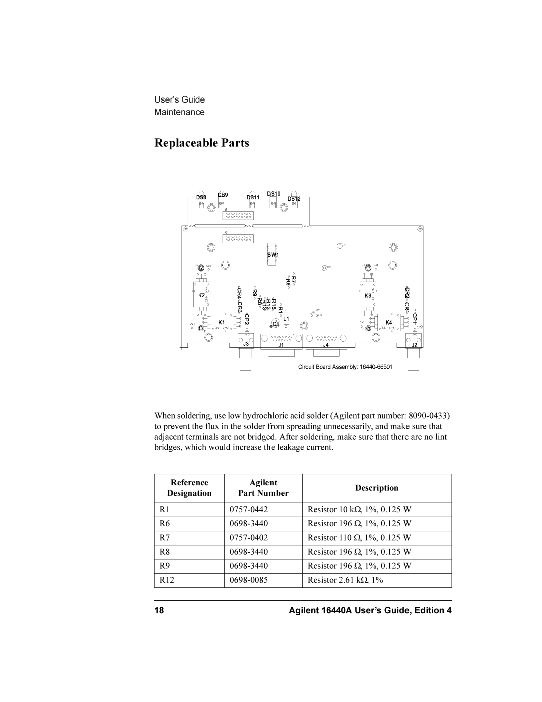 Agilent Technologies 16440A SMU manual Replaceable Parts 