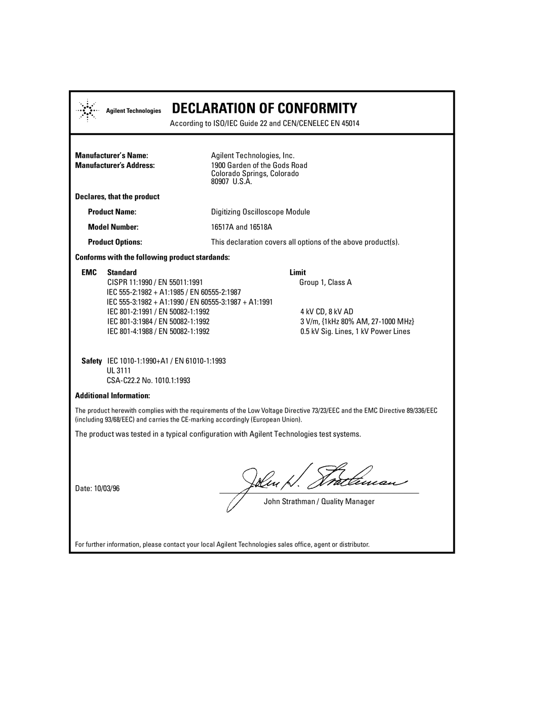 Agilent Technologies 16700B manual S1 Declaration of Conformity 