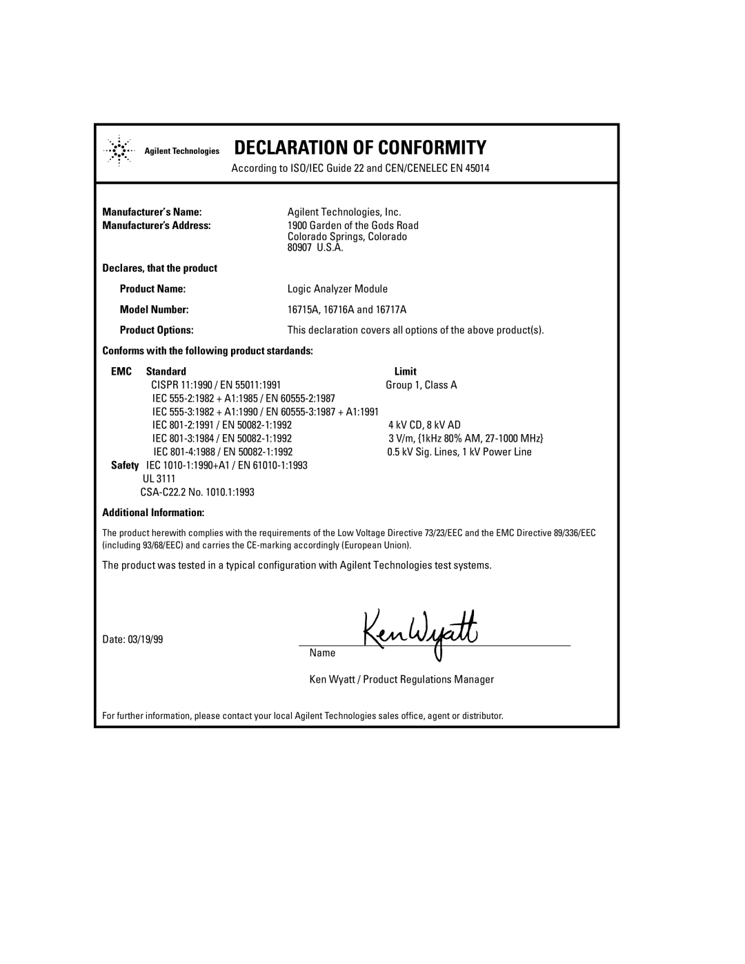 Agilent Technologies 16700B manual S1 Declaration of Conformity 