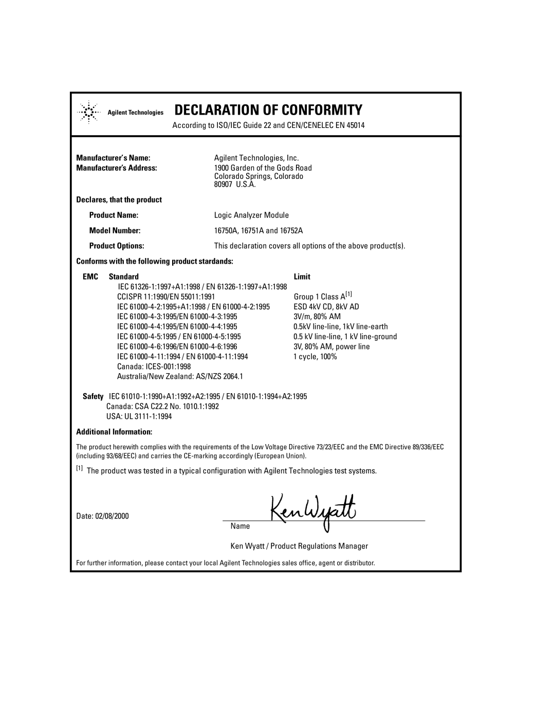 Agilent Technologies 16700B manual IEC 61000-4-31995/EN 3V/m, 80% AM IEC 61000-4-41995/EN 