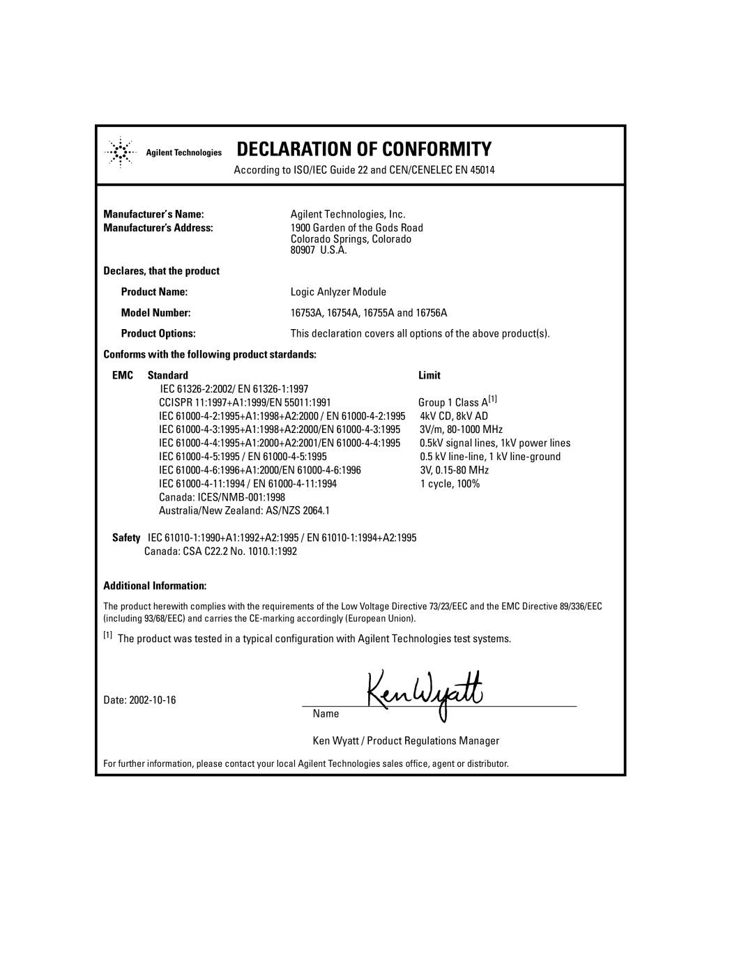 Agilent Technologies 16700B manual IEC 61326-22002/ EN Group 1 Class A1 Ccispr 111997+A11999/EN 