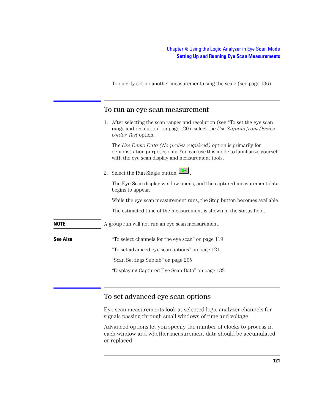 Agilent Technologies 16760A manual To run an eye scan measurement, To set advanced eye scan options, 121 