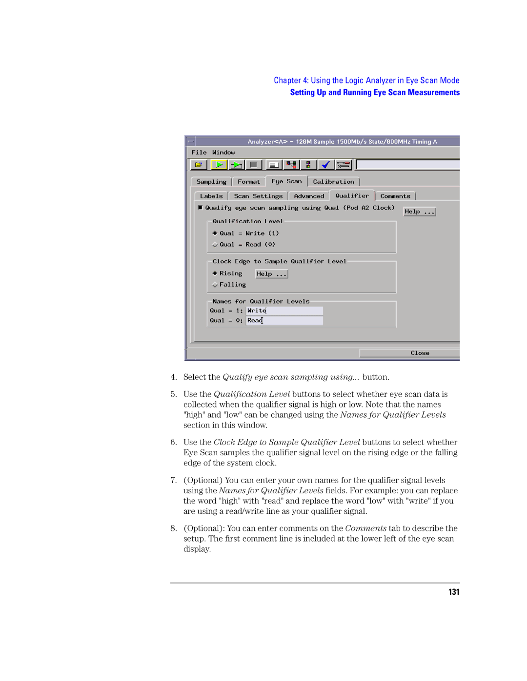 Agilent Technologies 16760A manual Select the Qualify eye scan sampling using... button, 131 