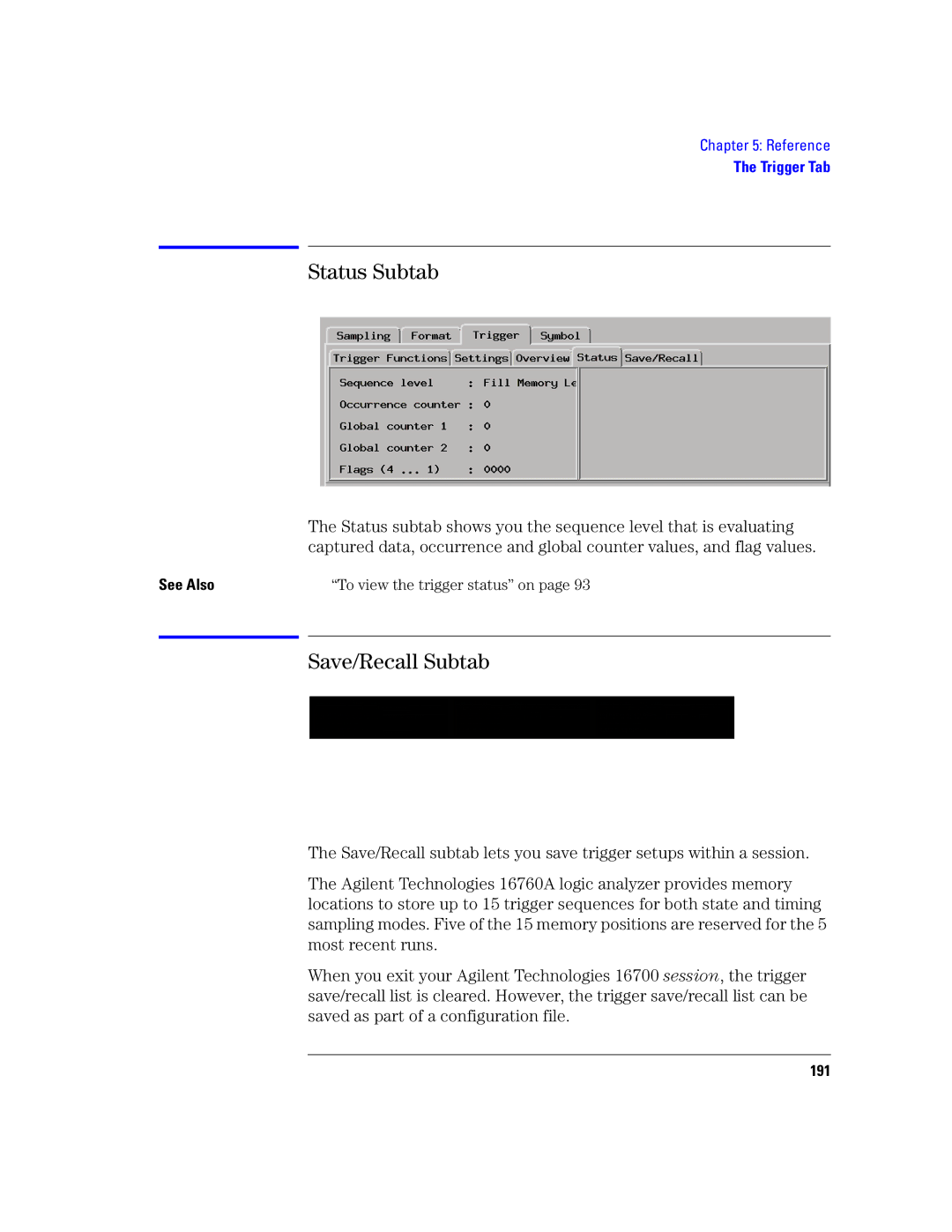 Agilent Technologies 16760A manual Status Subtab, Save/Recall Subtab, 191 