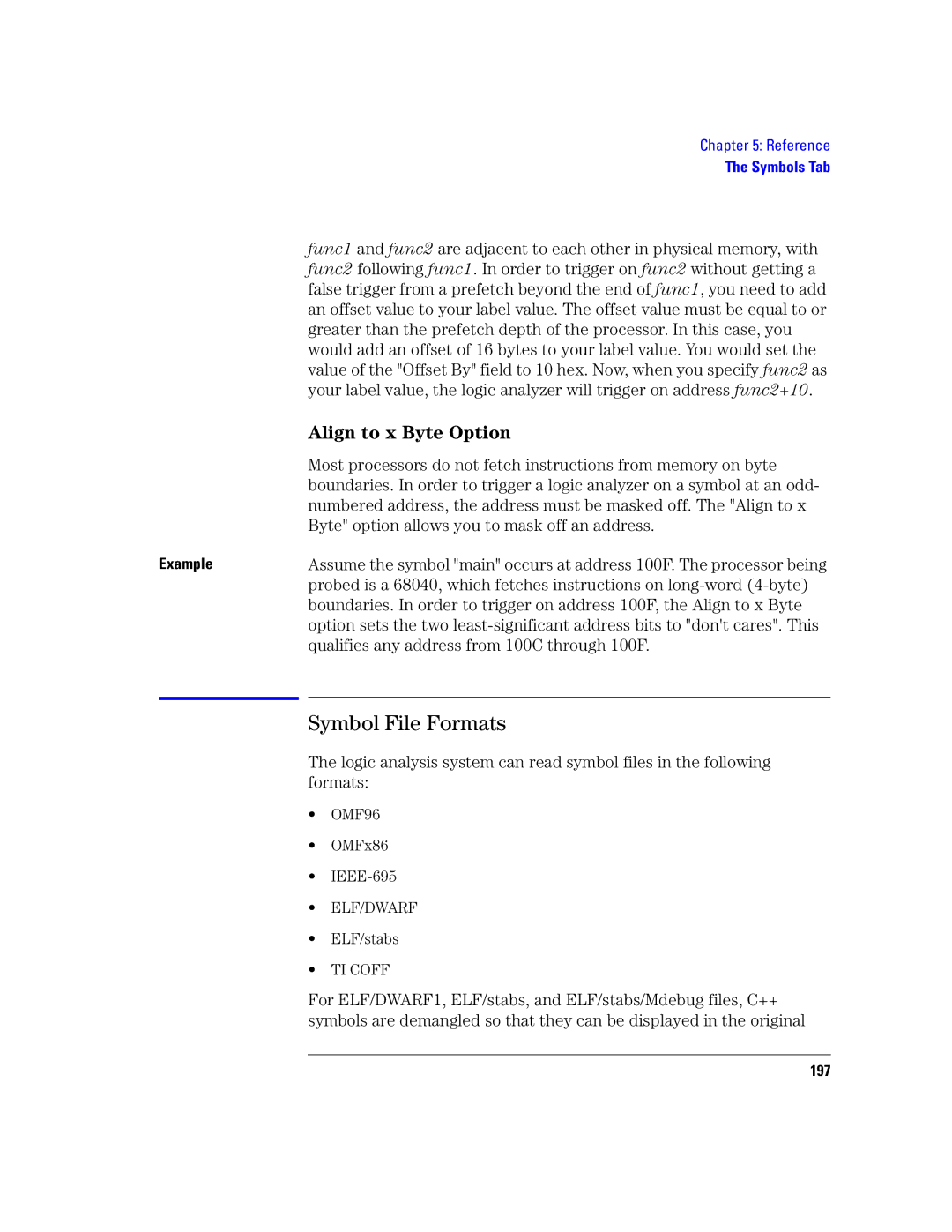 Agilent Technologies 16760A Symbol File Formats, Align to x Byte Option, Byte option allows you to mask off an address 