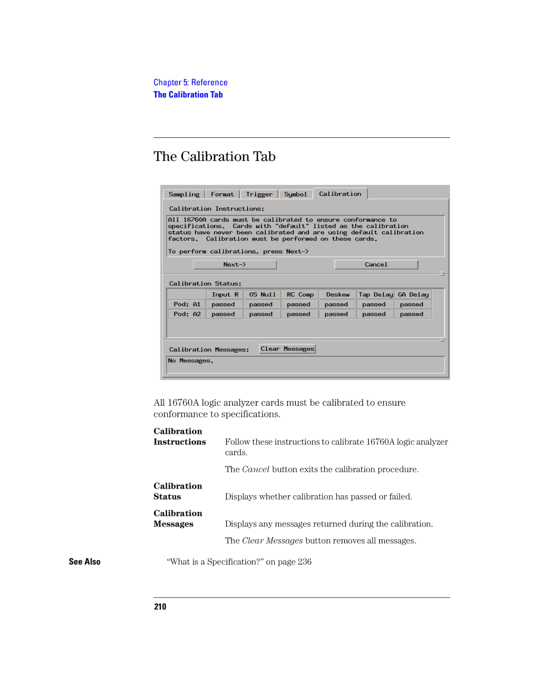 Agilent Technologies 16760A manual Calibration Tab, Calibration Instructions, Calibration Status, Calibration Messages, 210 