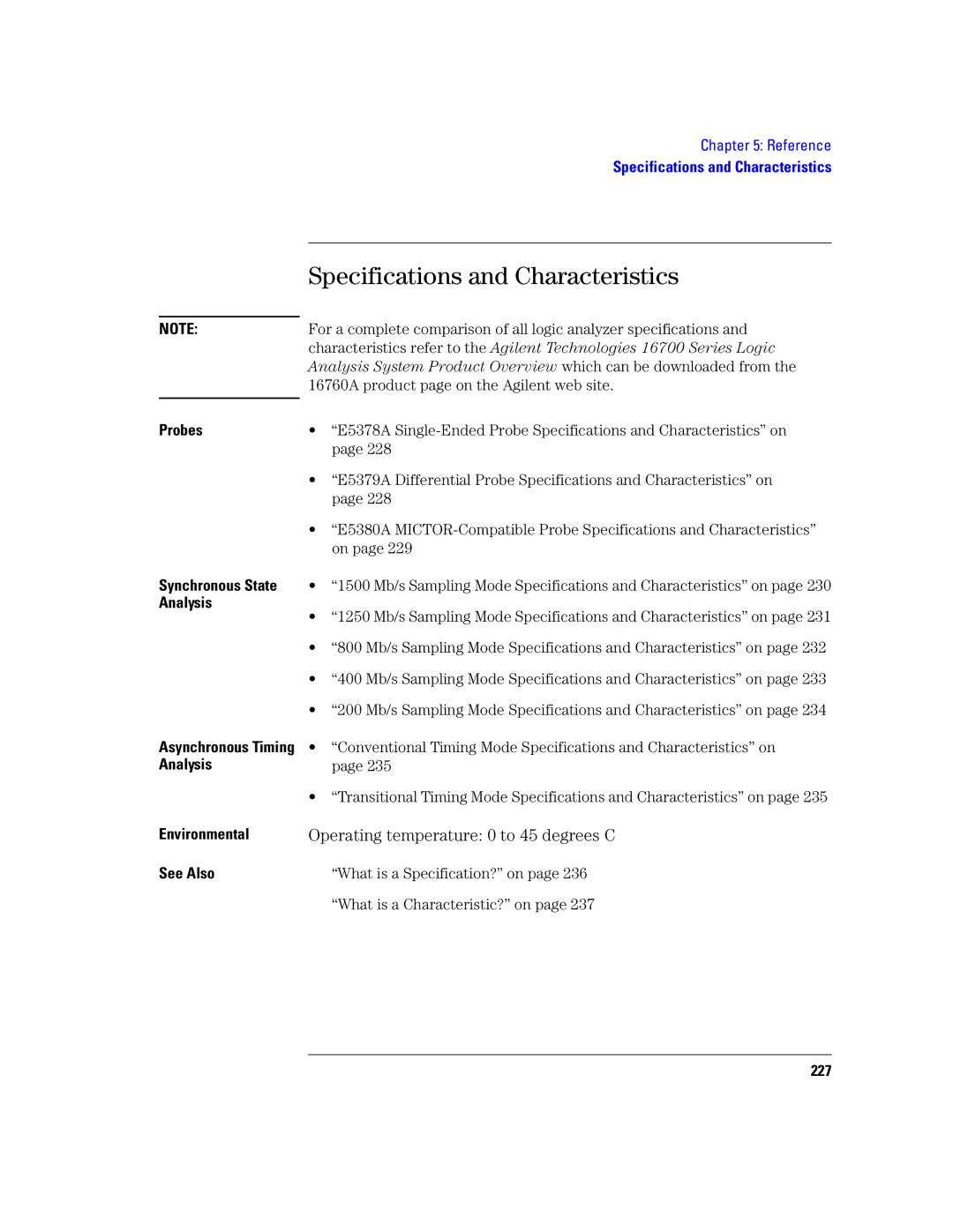 Agilent Technologies 16760A manual Specifications and Characteristics, Operating temperature 0 to 45 degrees C, Probes, 227 