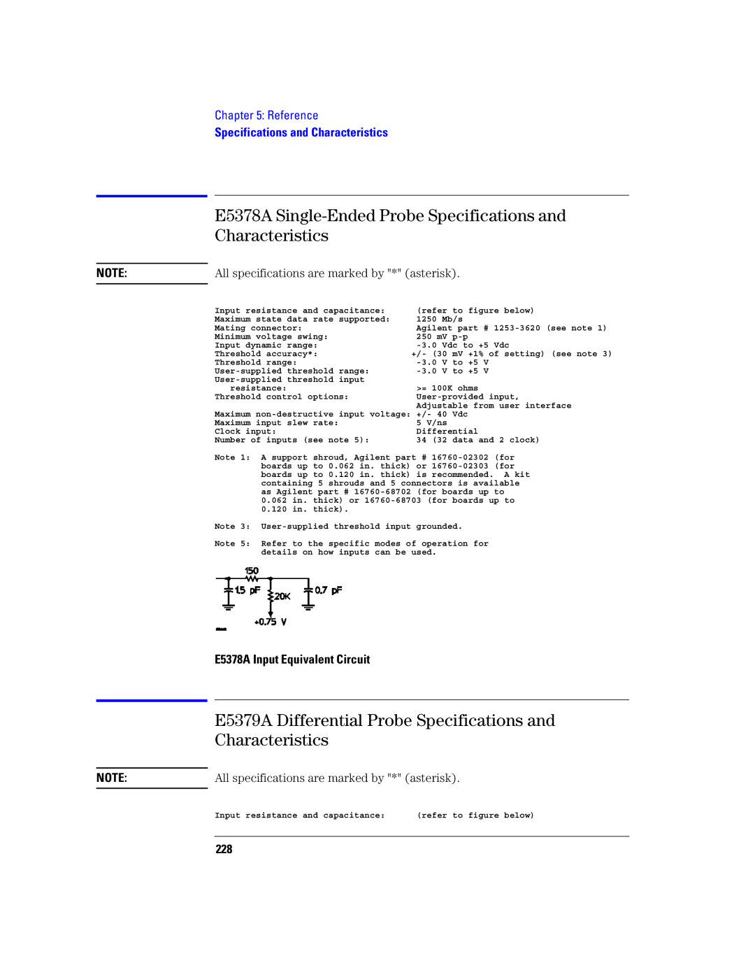 Agilent Technologies 16760A E5378A Single-Ended Probe Specifications Characteristics, E5378A Input Equivalent Circuit, 228 