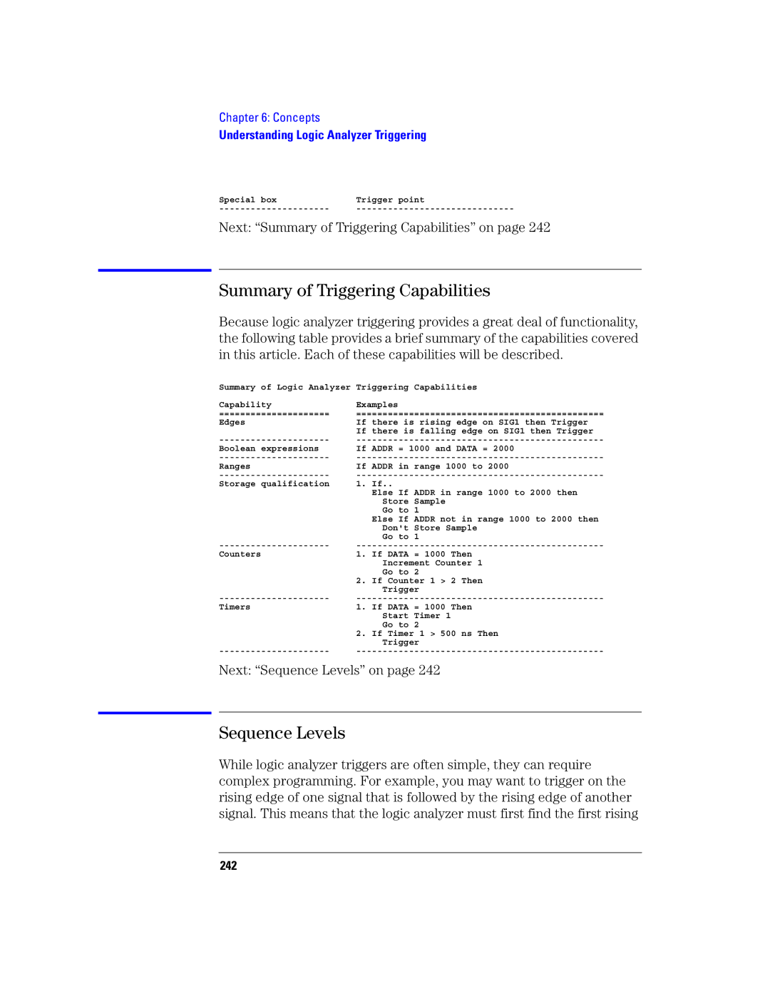 Agilent Technologies 16760A manual Summary of Triggering Capabilities, Next Sequence Levels on, 242 