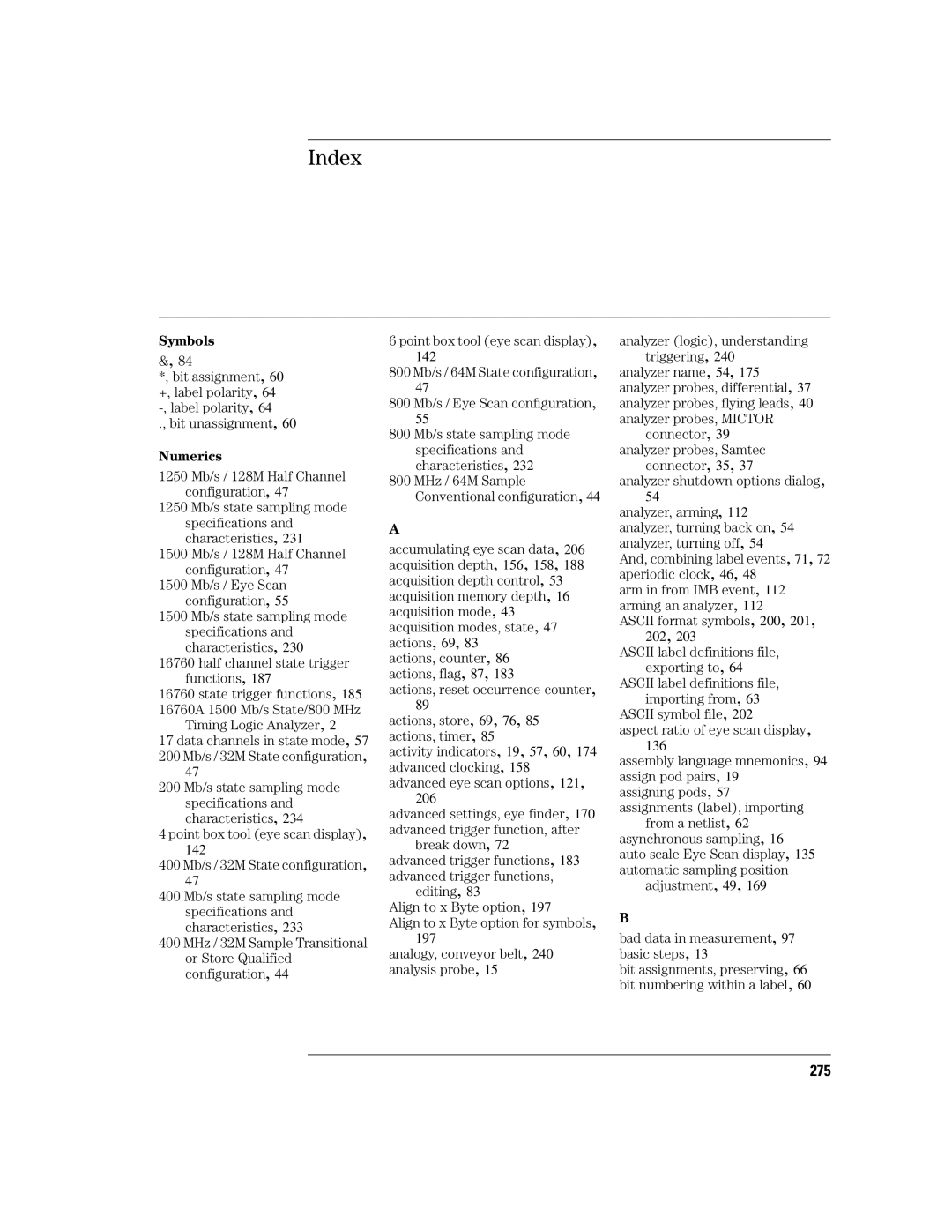 Agilent Technologies 16760A manual Index, 275 