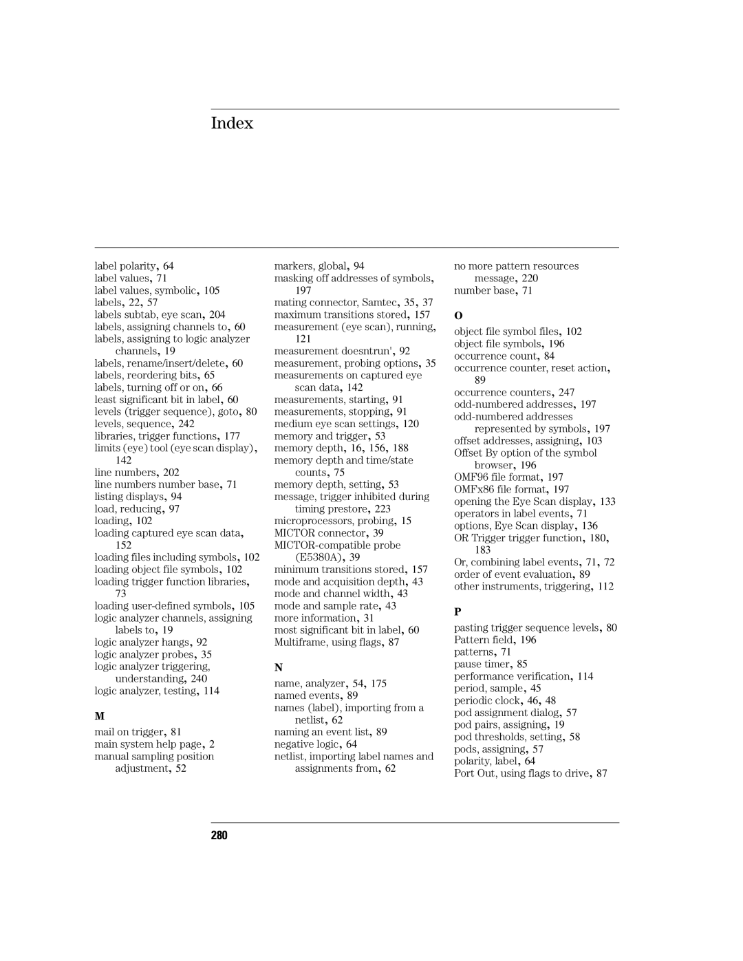 Agilent Technologies 16760A manual 280, Label values, symbolic, 105 labels, 22 