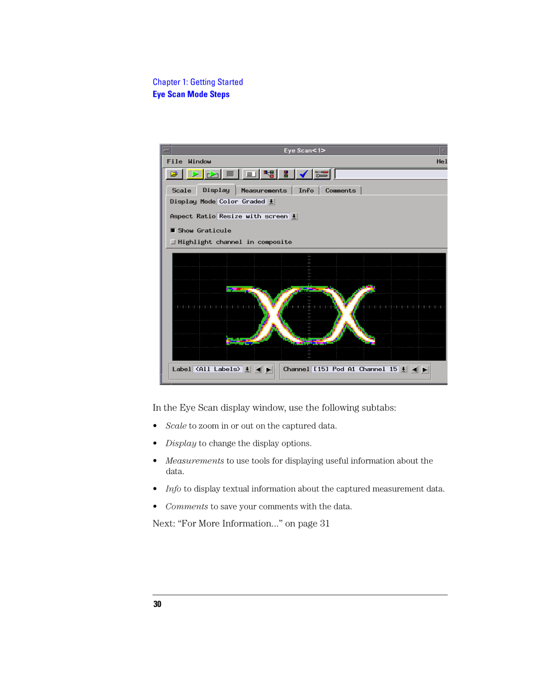 Agilent Technologies 16760A manual Eye Scan display window, use the following subtabs, Next For More Information... on 