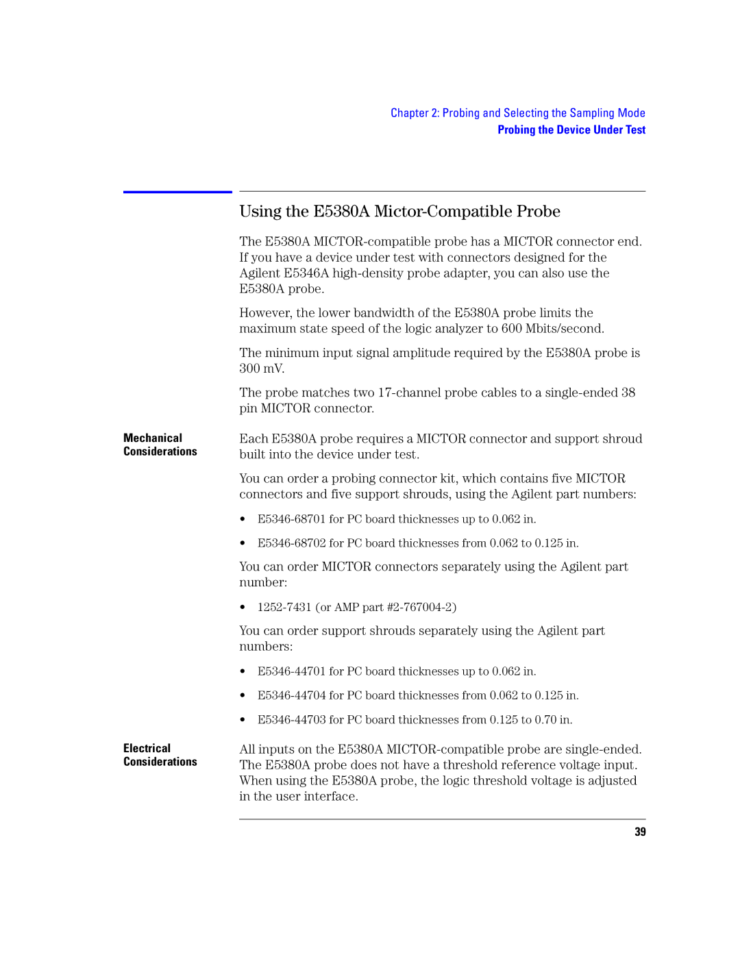 Agilent Technologies 16760A manual Using the E5380A Mictor-Compatible Probe, Or AMP 