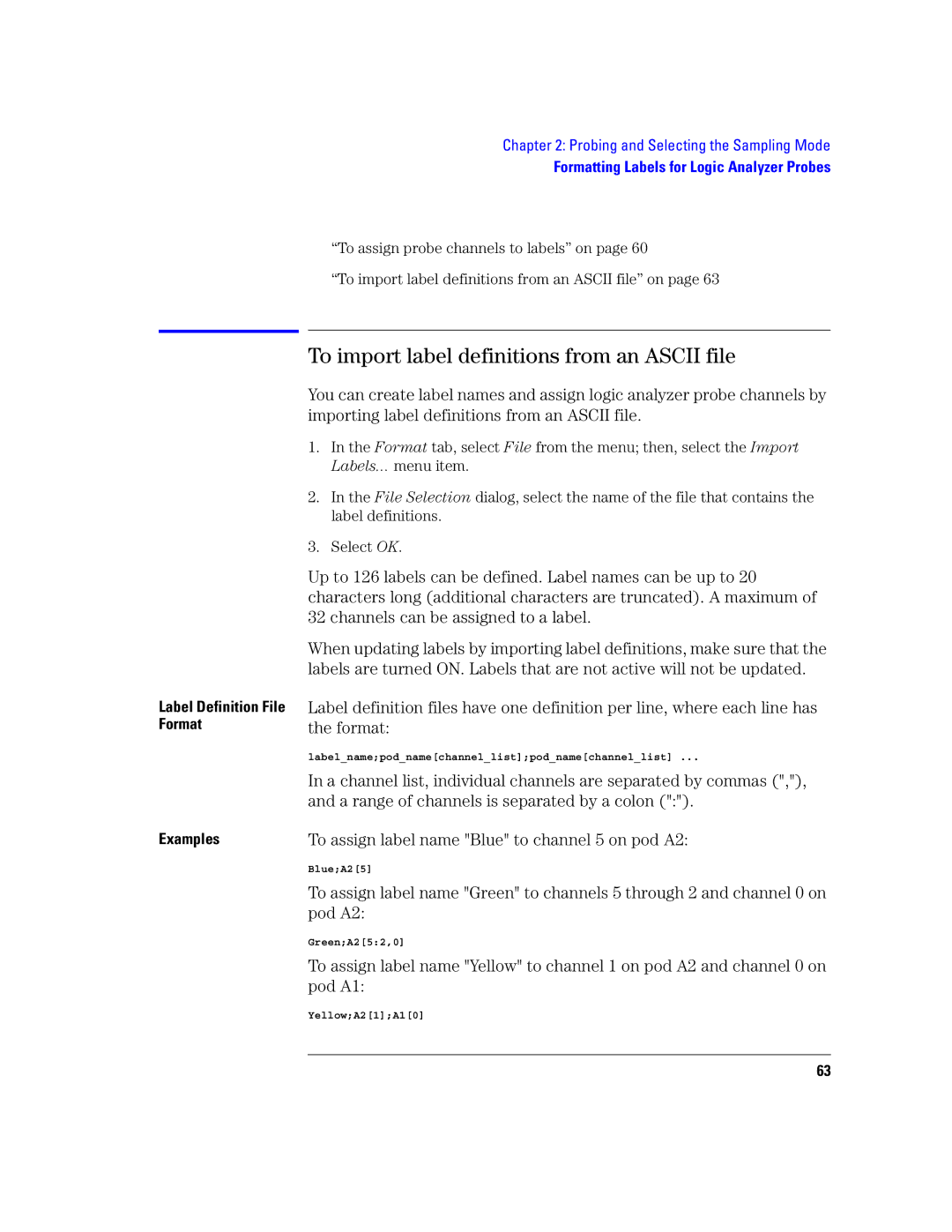 Agilent Technologies 16760A manual To import label definitions from an Ascii file, Label Definition File Format Examples 