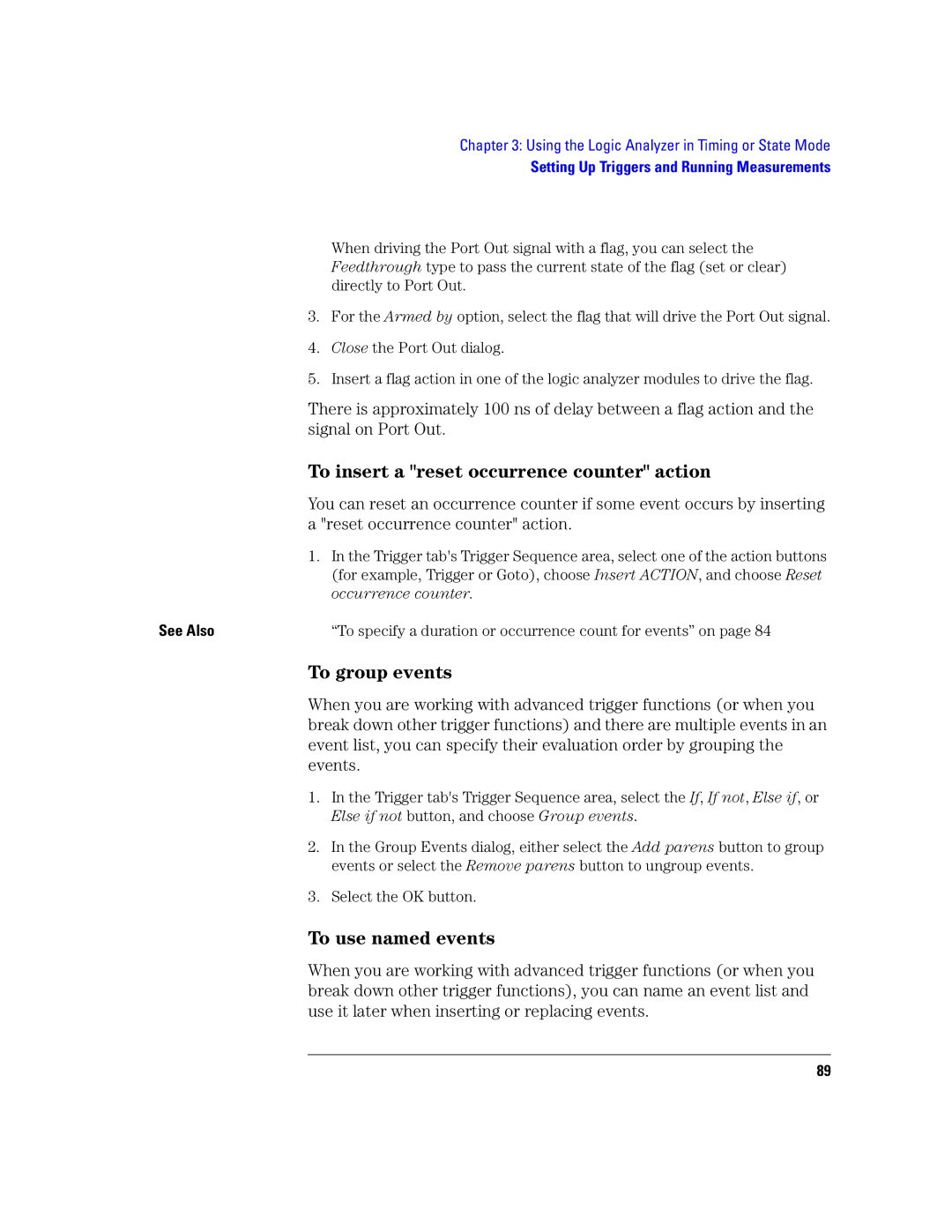 Agilent Technologies 16760A manual To insert a reset occurrence counter action, To group events, To use named events 