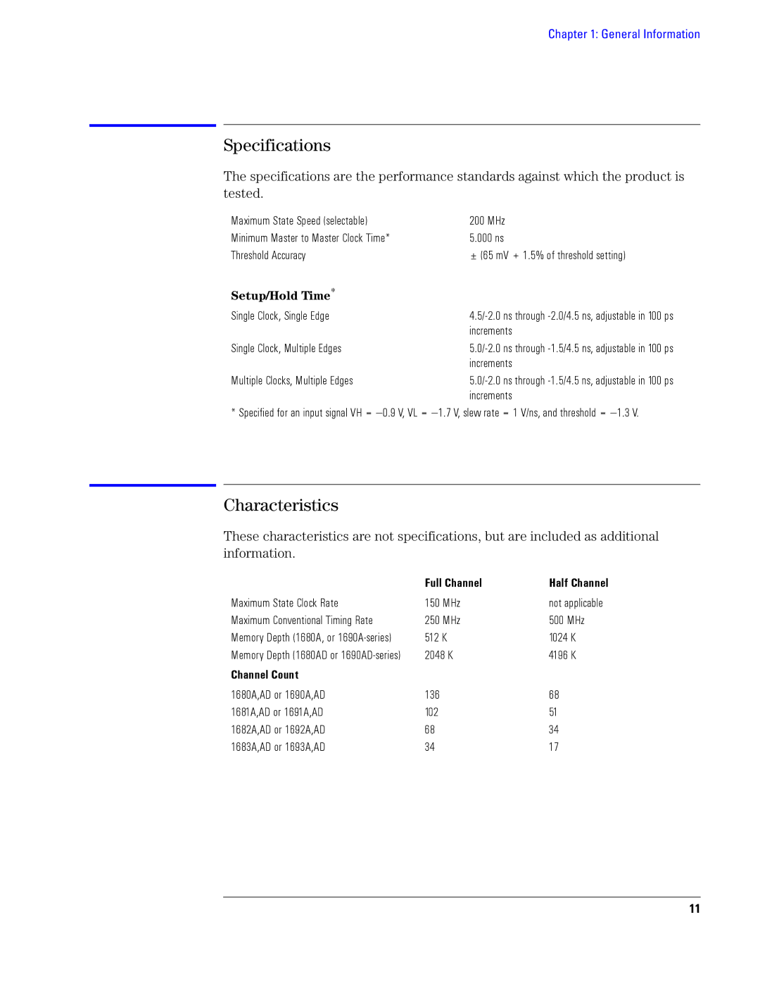 Agilent Technologies 1690, 1680 manual Specifications, Characteristics, Full Channel, Channel Count 