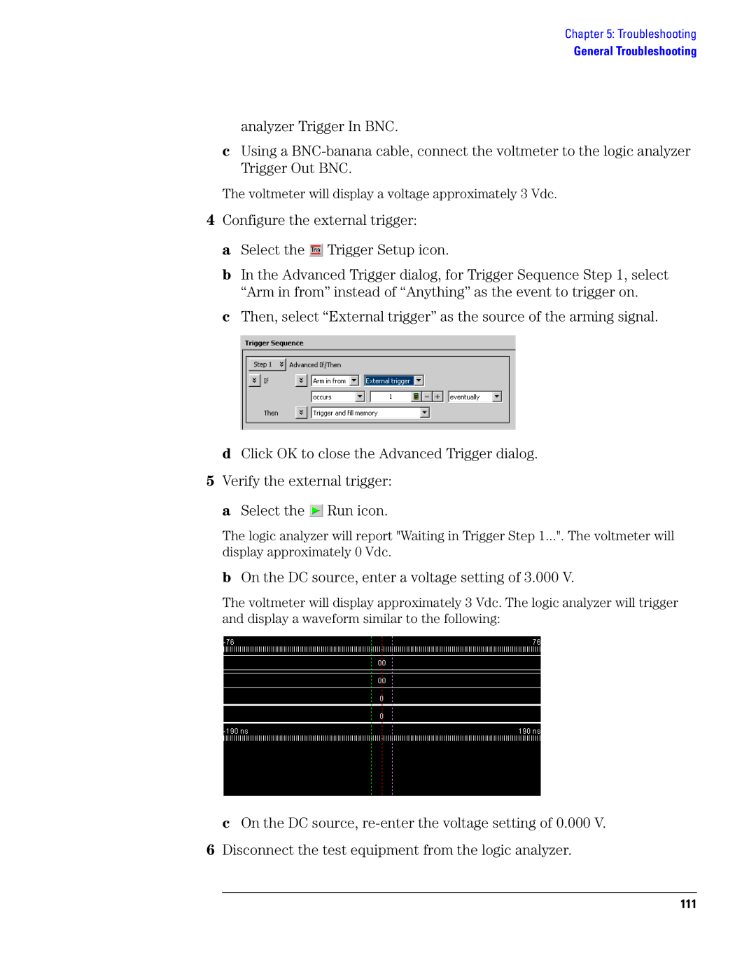 Agilent Technologies 1690, 1680 manual On the DC source, enter a voltage setting of 3.000, 111 