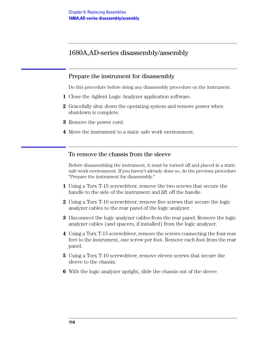 Agilent Technologies 1690 manual 1680A,AD-series disassembly/assembly, Prepare the instrument for disassembly, 114 