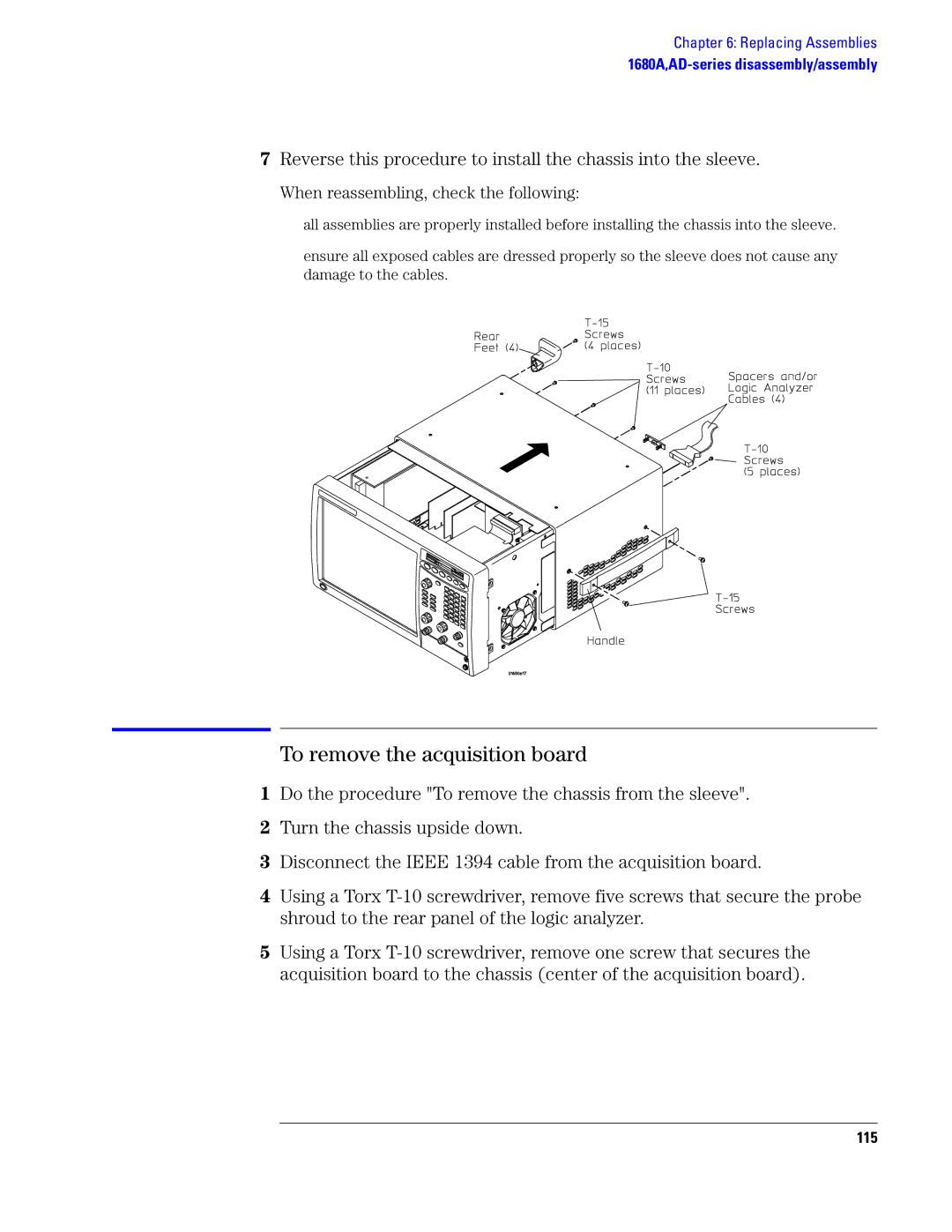 Agilent Technologies 1690, 1680 manual To remove the acquisition board, 115 