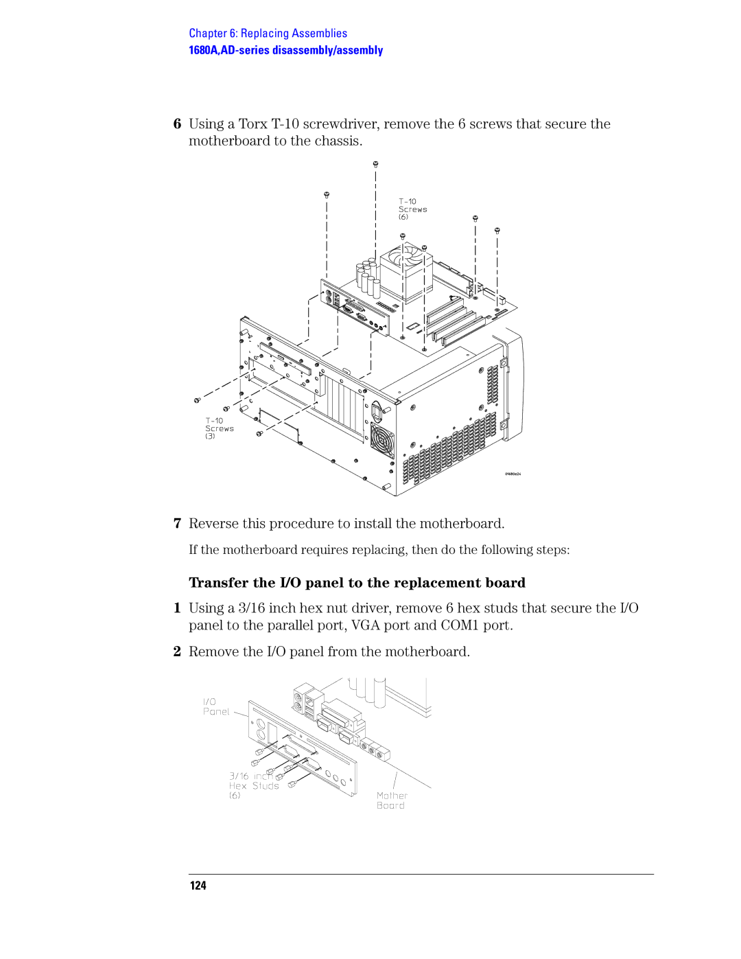 Agilent Technologies 1680, 1690 manual Transfer the I/O panel to the replacement board, 124 