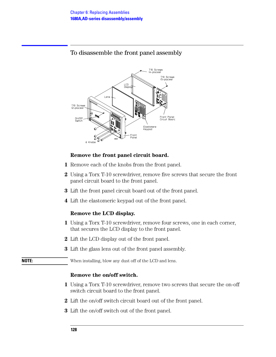 Agilent Technologies 1680, 1690 manual To disassemble the front panel assembly, 128 