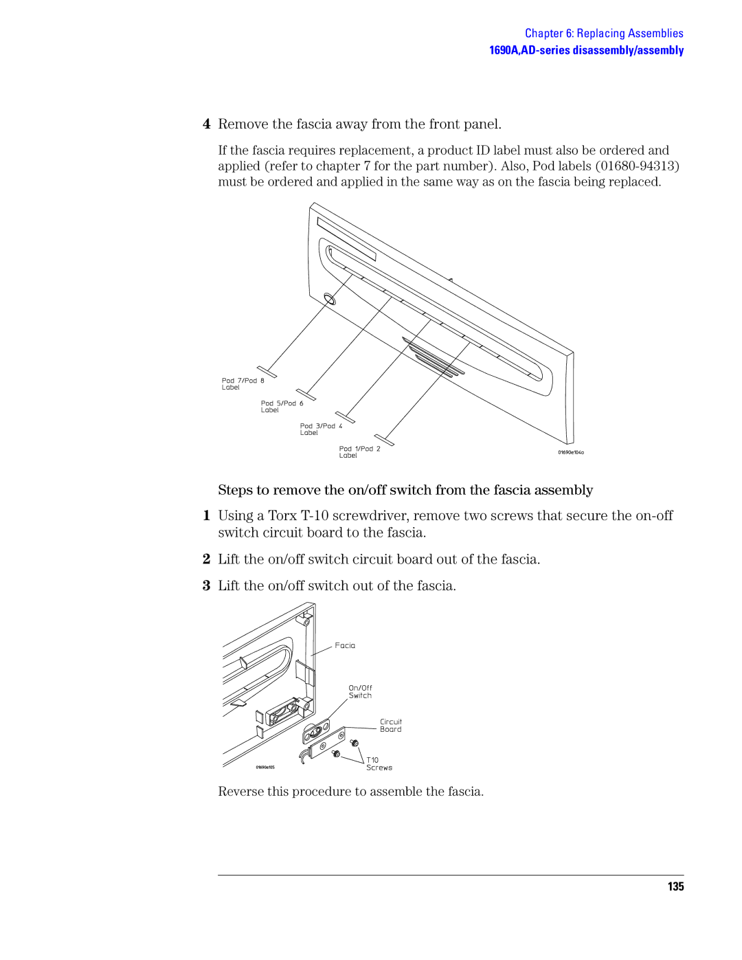 Agilent Technologies 1690, 1680 manual Remove the fascia away from the front panel, 135 