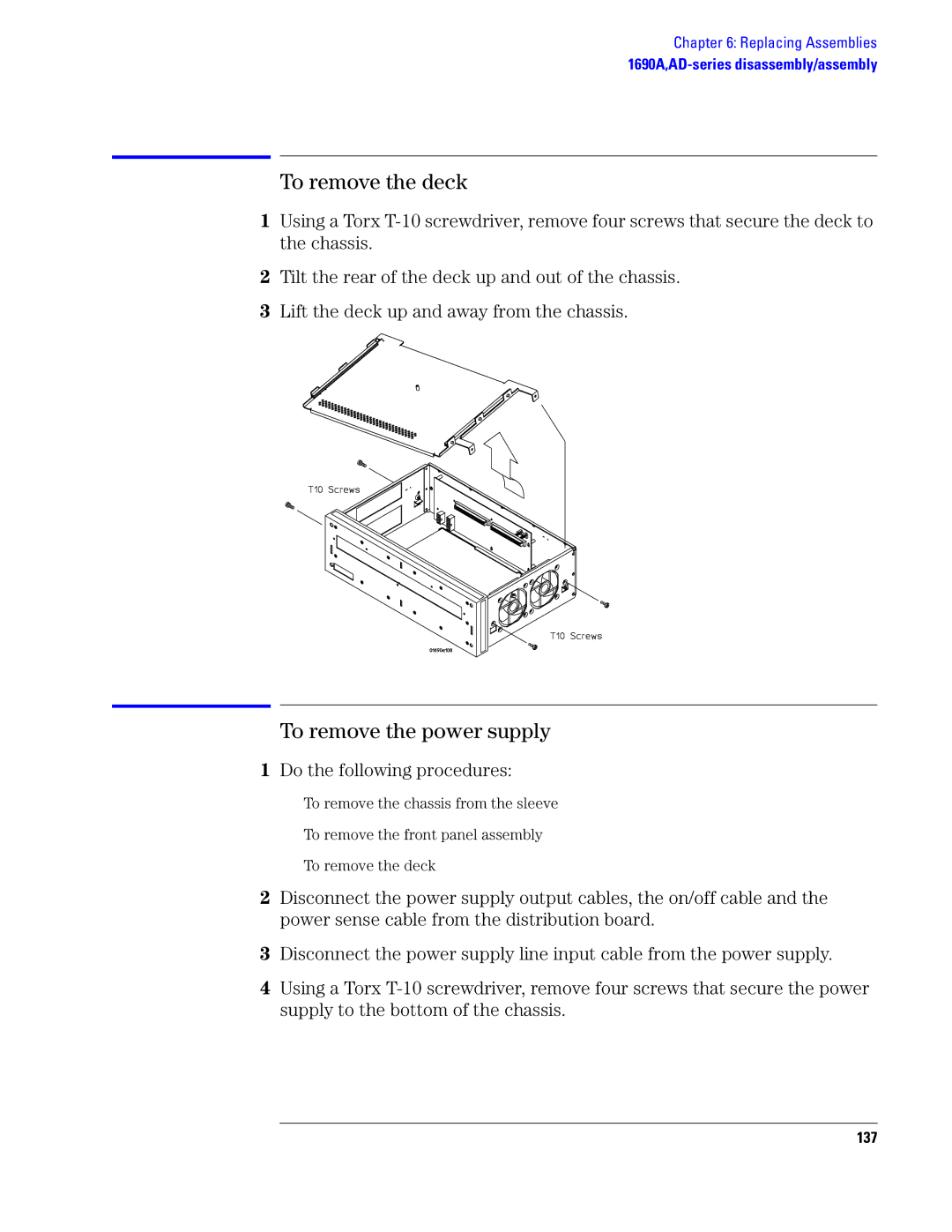 Agilent Technologies 1690, 1680 manual To remove the deck, 137 