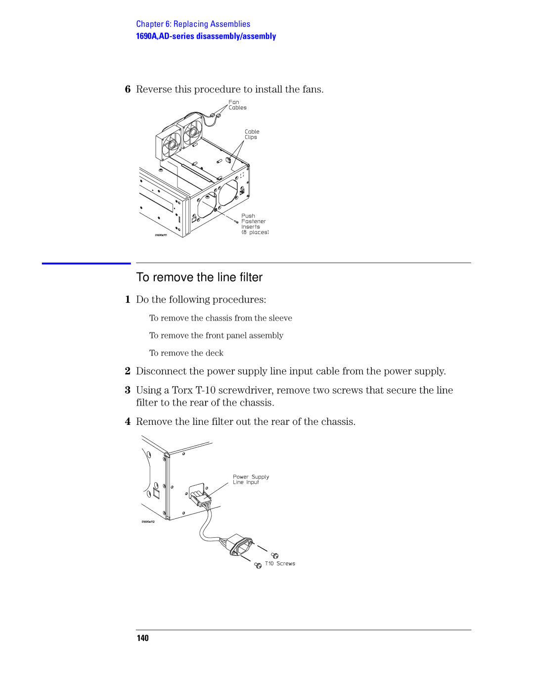 Agilent Technologies 1680, 1690 manual To remove the line filter, 140 