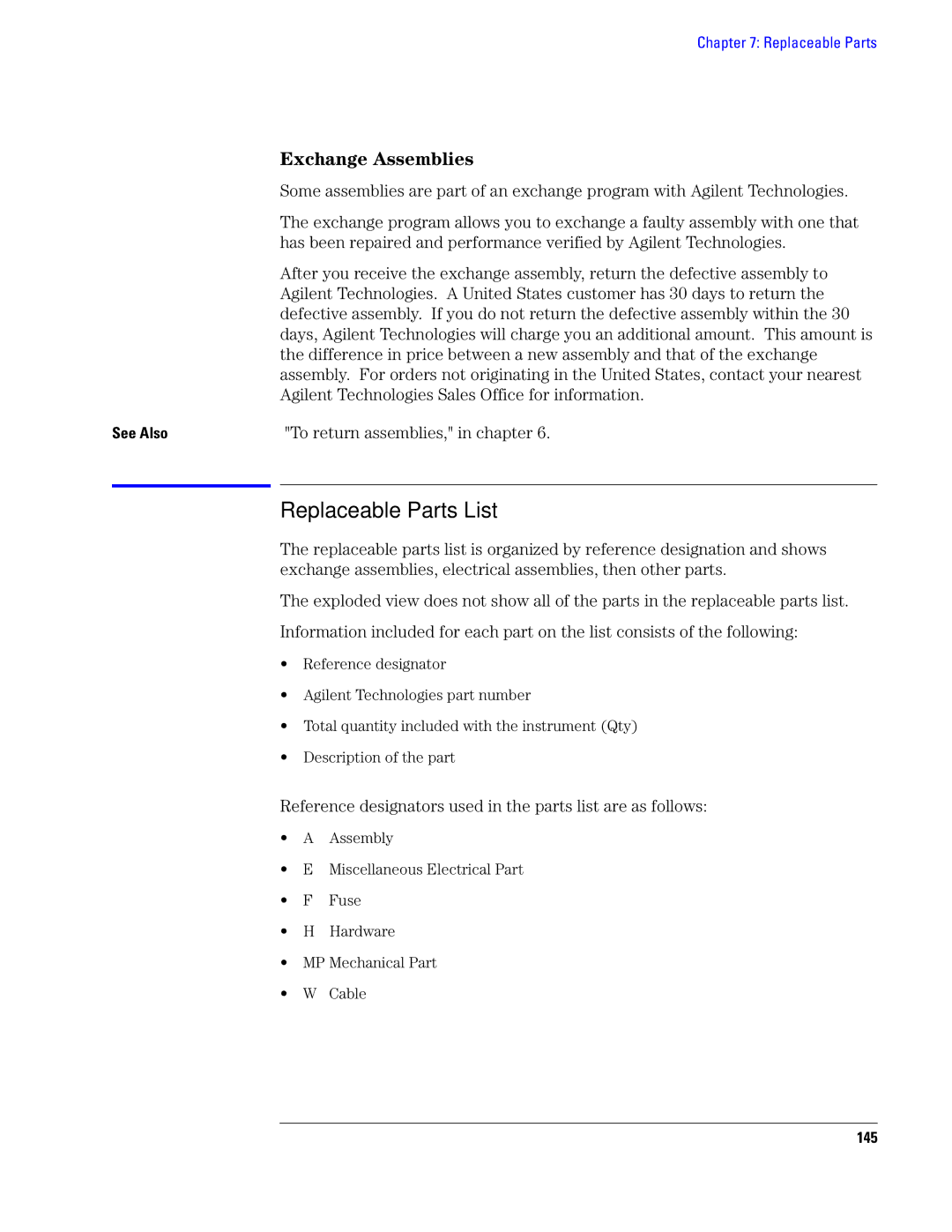 Agilent Technologies 1690, 1680 manual Replaceable Parts List, See Also, 145 