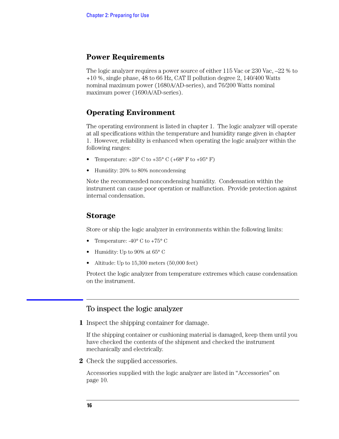 Agilent Technologies 1680, 1690 manual Power Requirements, To inspect the logic analyzer 