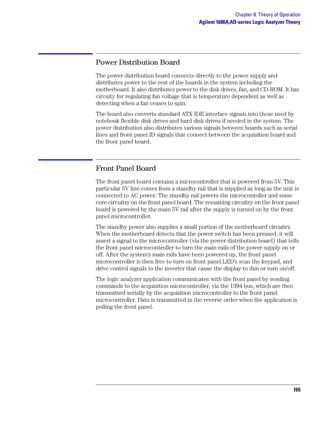 Agilent Technologies 1690, 1680 manual Power Distribution Board, Front Panel Board, 165 