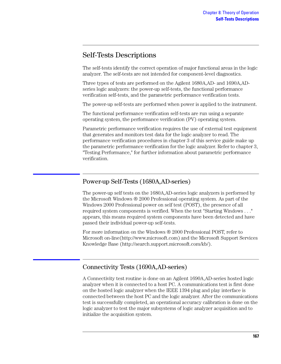 Agilent Technologies Self-Tests Descriptions, Power-up Self-Tests 1680A,AD-series, Connectivity Tests 1690A,AD-series 