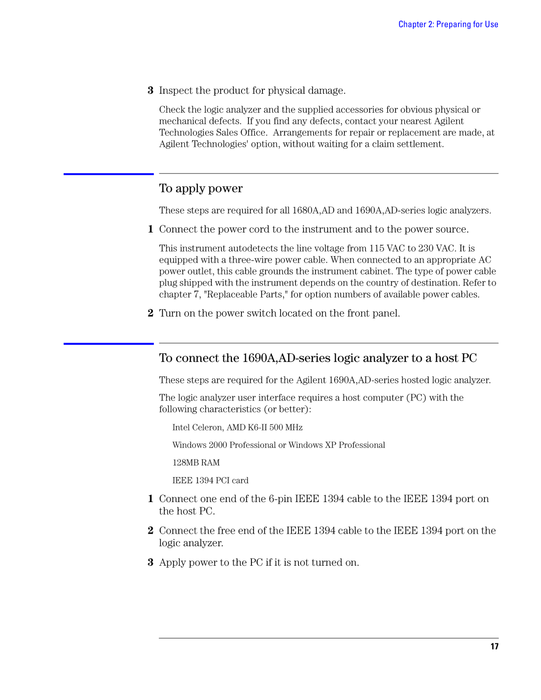 Agilent Technologies 1680 manual To apply power, To connect the 1690A,AD-series logic analyzer to a host PC 