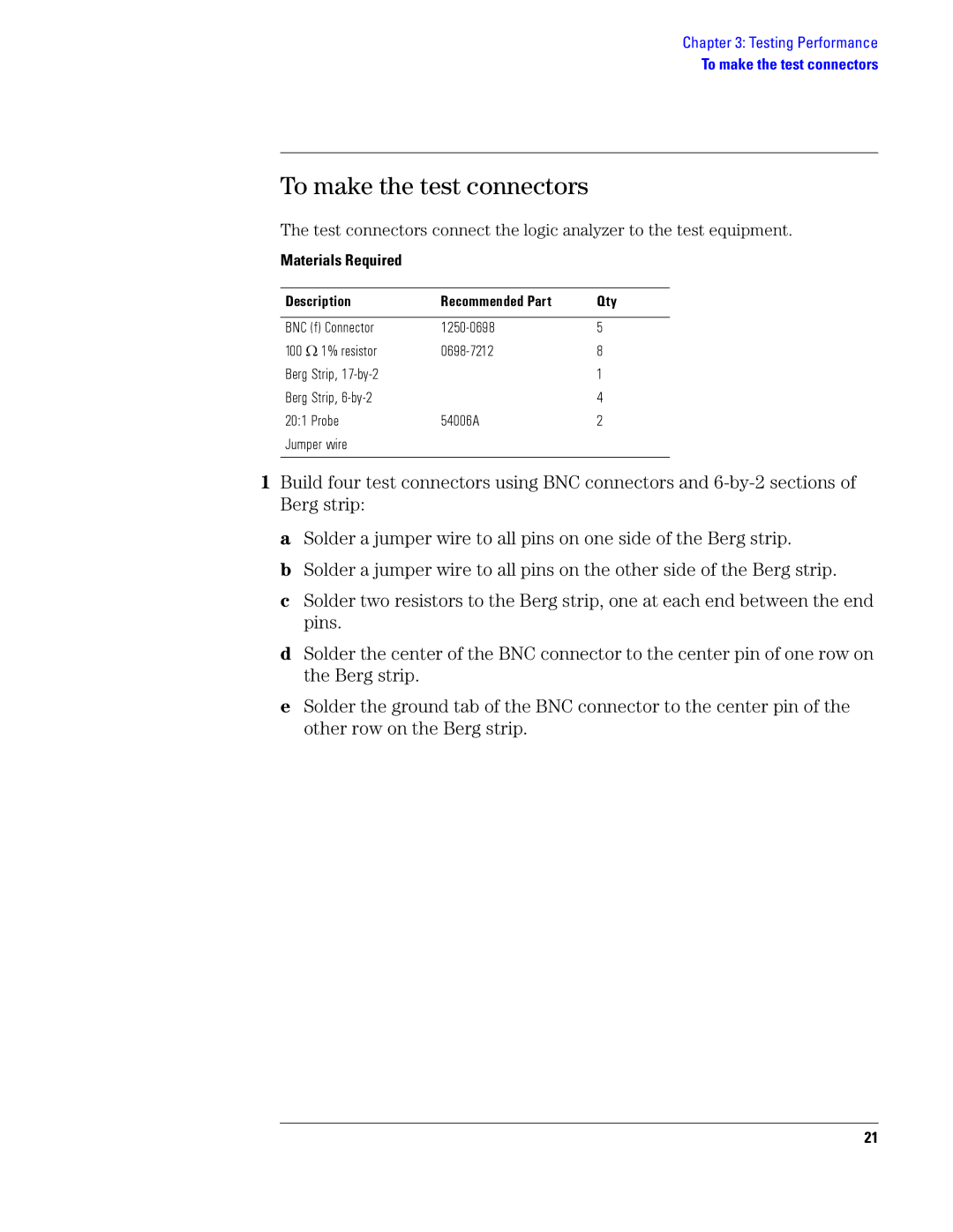 Agilent Technologies 1690, 1680 manual To make the test connectors, Materials Required Description, Qty 