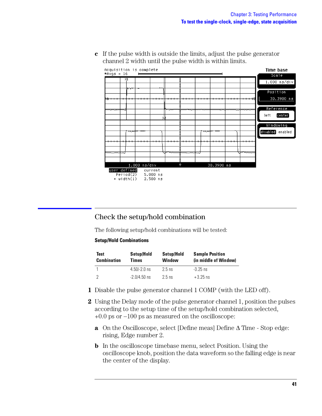 Agilent Technologies 1690 Check the setup/hold combination, Setup/Hold Combinations Test Sample Position Times Window 