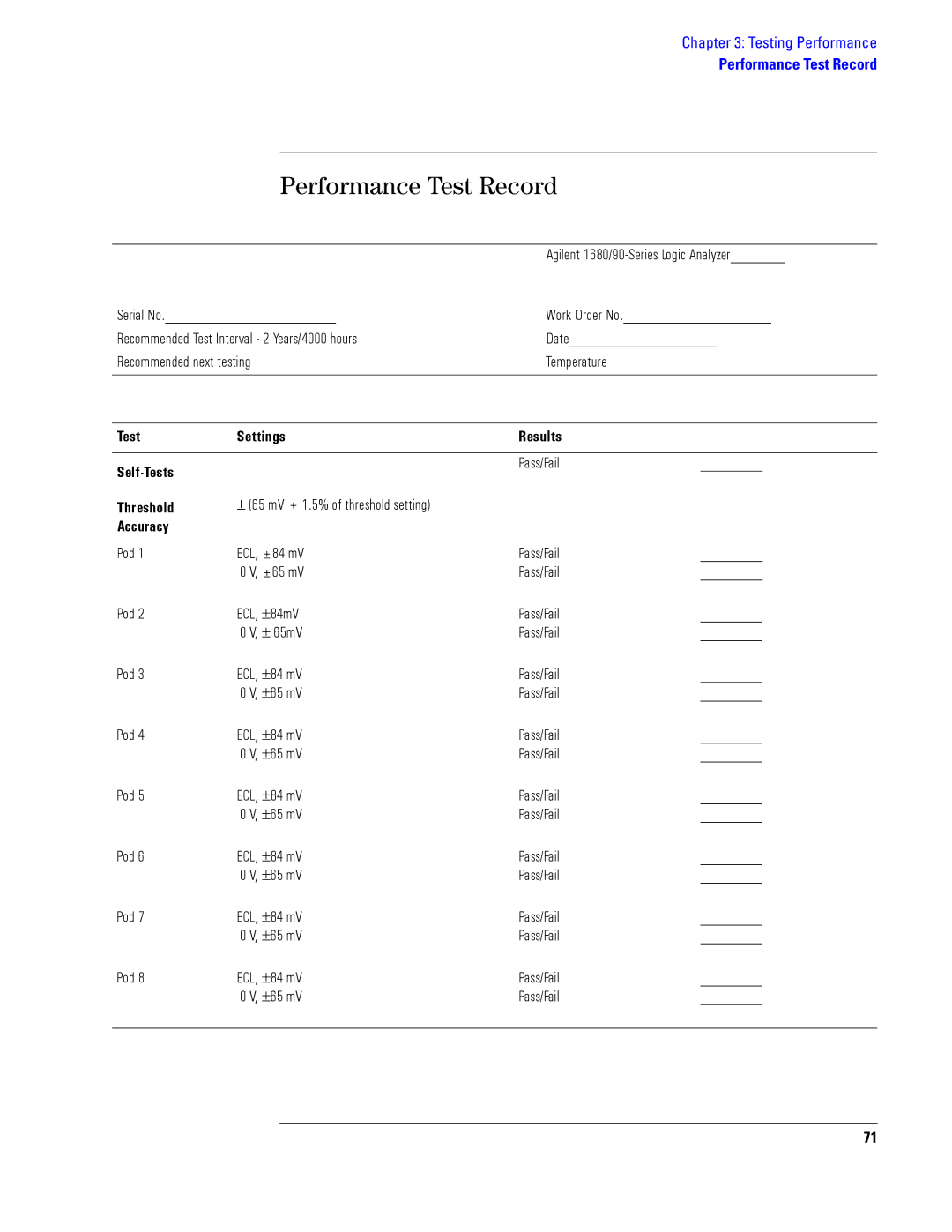 Agilent Technologies 1690, 1680 manual Performance Test Record, Test Settings Results Self-Tests, Threshold, Accuracy 