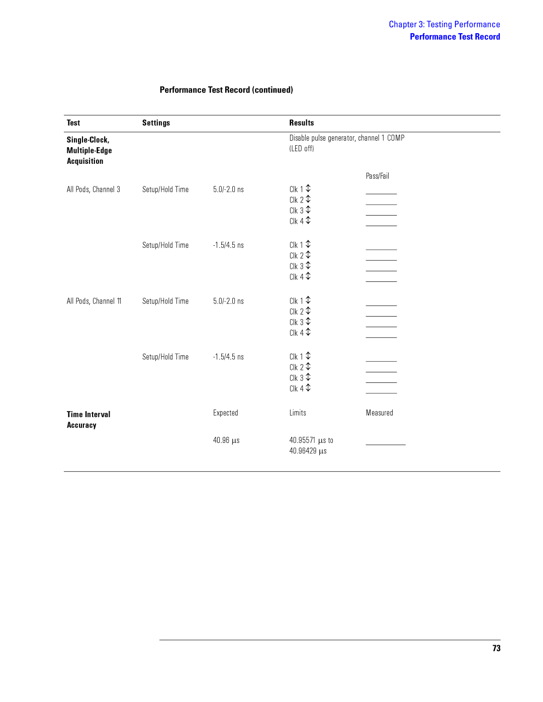 Agilent Technologies 1690, 1680 manual Performance Test Record Settings Results Single-Clock, Time Interval 