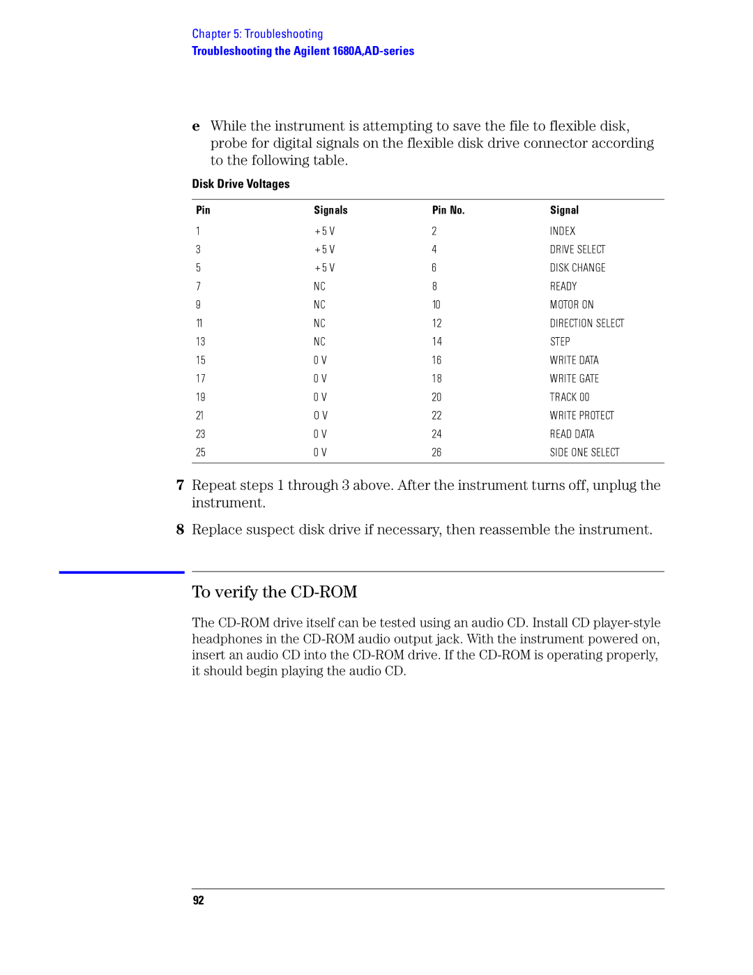 Agilent Technologies 1680, 1690 manual To verify the CD-ROM, Disk Drive Voltages Pin Signals Pin No 