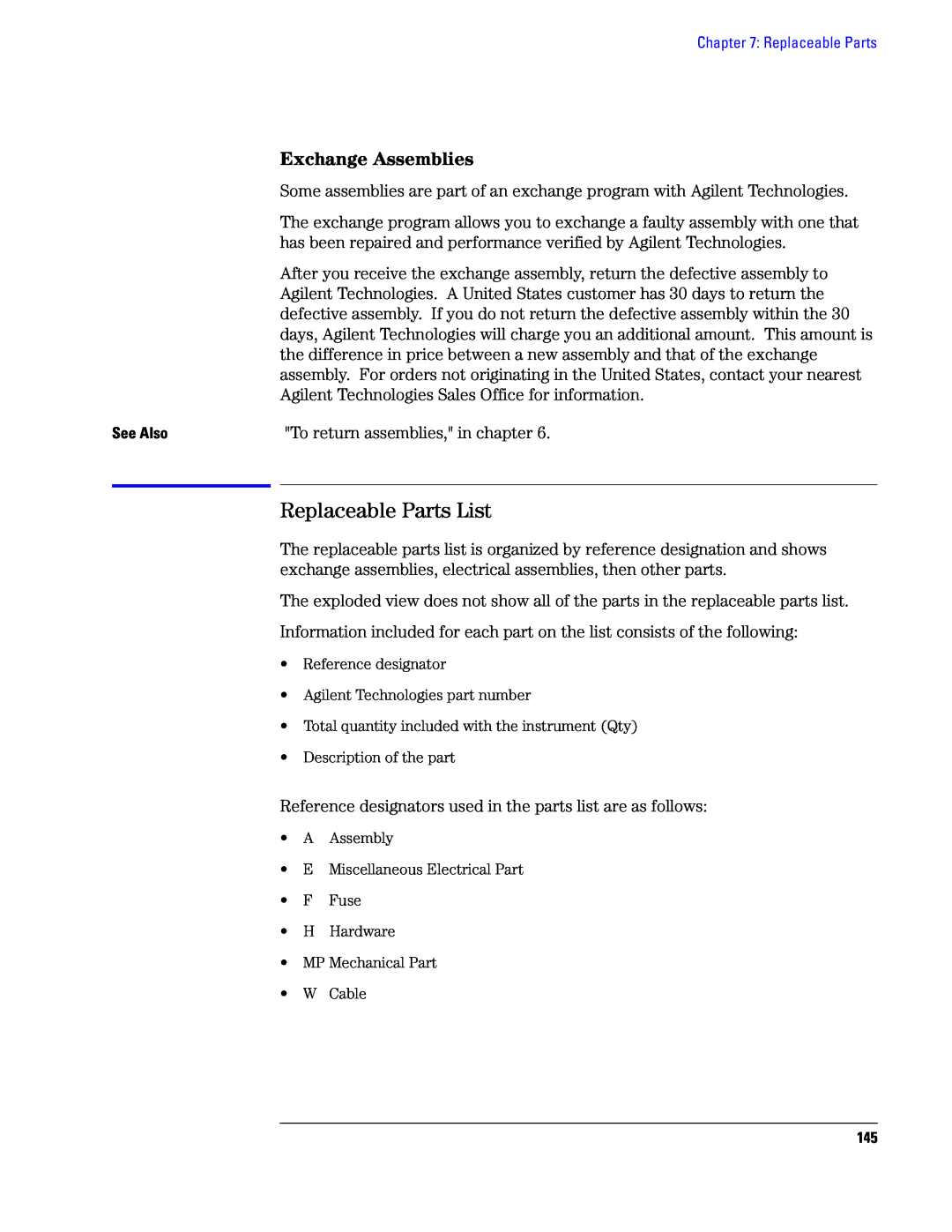 Agilent Technologies 1690, 1680 manual Replaceable Parts List, Exchange Assemblies 