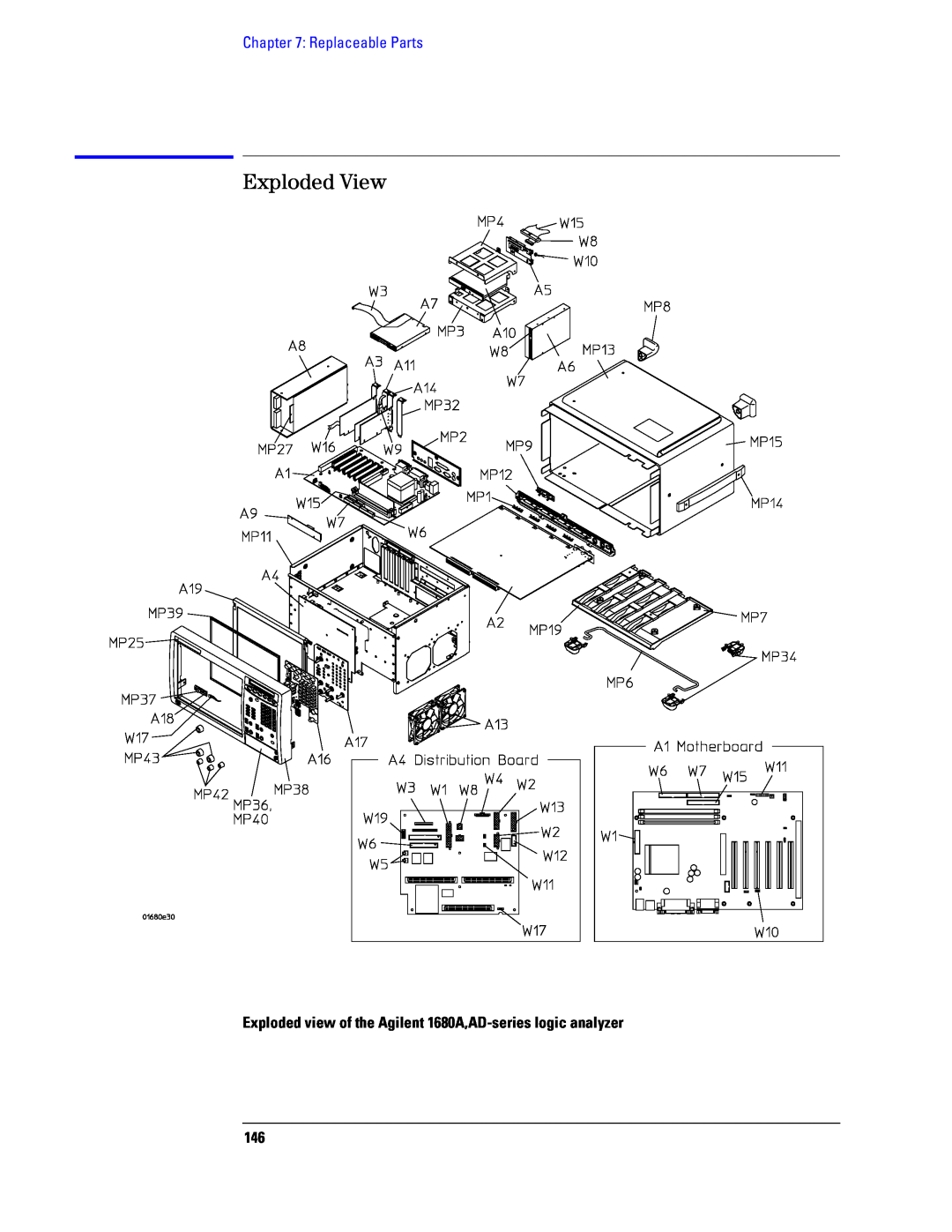 Agilent Technologies Exploded View, Replaceable Parts, Exploded view of the Agilent 1680A,AD-series logic analyzer 